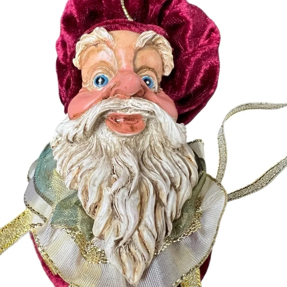 Santa Head Ornament Red Velvet Ceramic Jester? Baker? Big Eyes Gold Ribbon VTG
